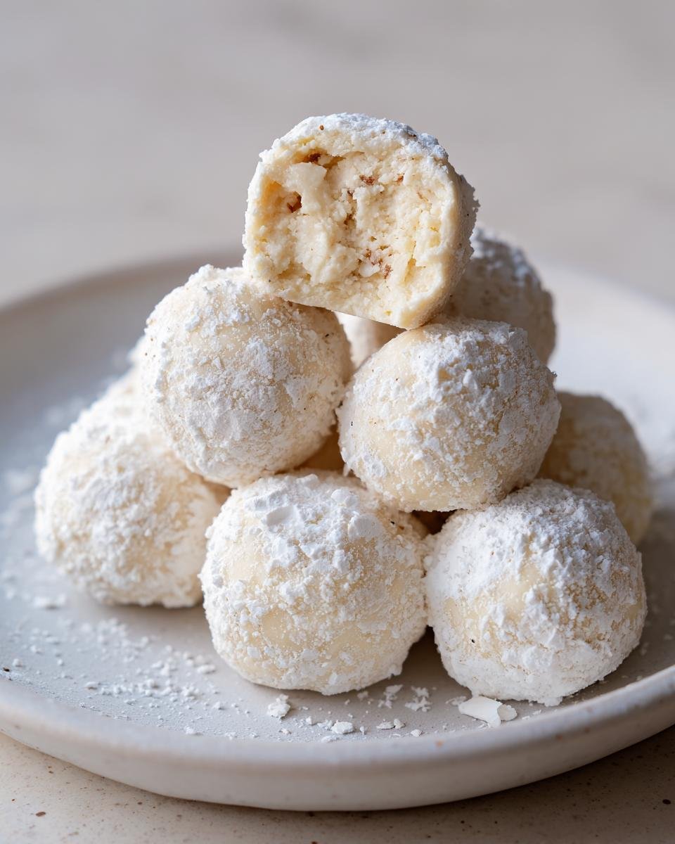A stack of creamy Mascarpone White Chocolate Truffles heavily dusted with powdered sugar, one is broken open.