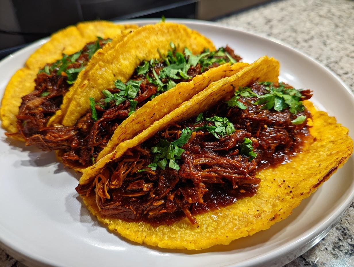 Three golden, crispy tacos filled with rich, dark red shredded jackfruit filling, topped with fresh cilantro, representing Meatless Birria Tacos With Jackfruit.