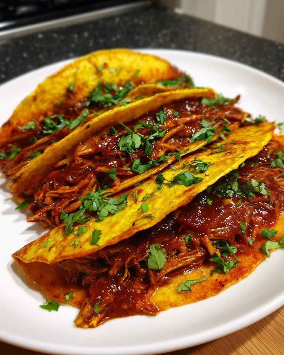 Three crispy, dipped tortillas filled with rich, shredded jackfruit in red birria sauce, topped with fresh cilantro.