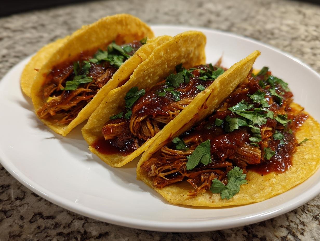 Three crispy tacos filled with shredded jackfruit in rich sauce, ready to eat, featuring Meatless Birria Tacos With Jackfruit.