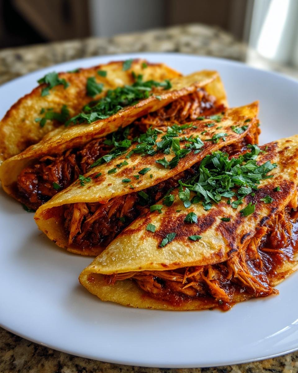 Three golden, pan-fried Meatless Birria Tacos With Jackfruit filling, topped with fresh chopped cilantro.