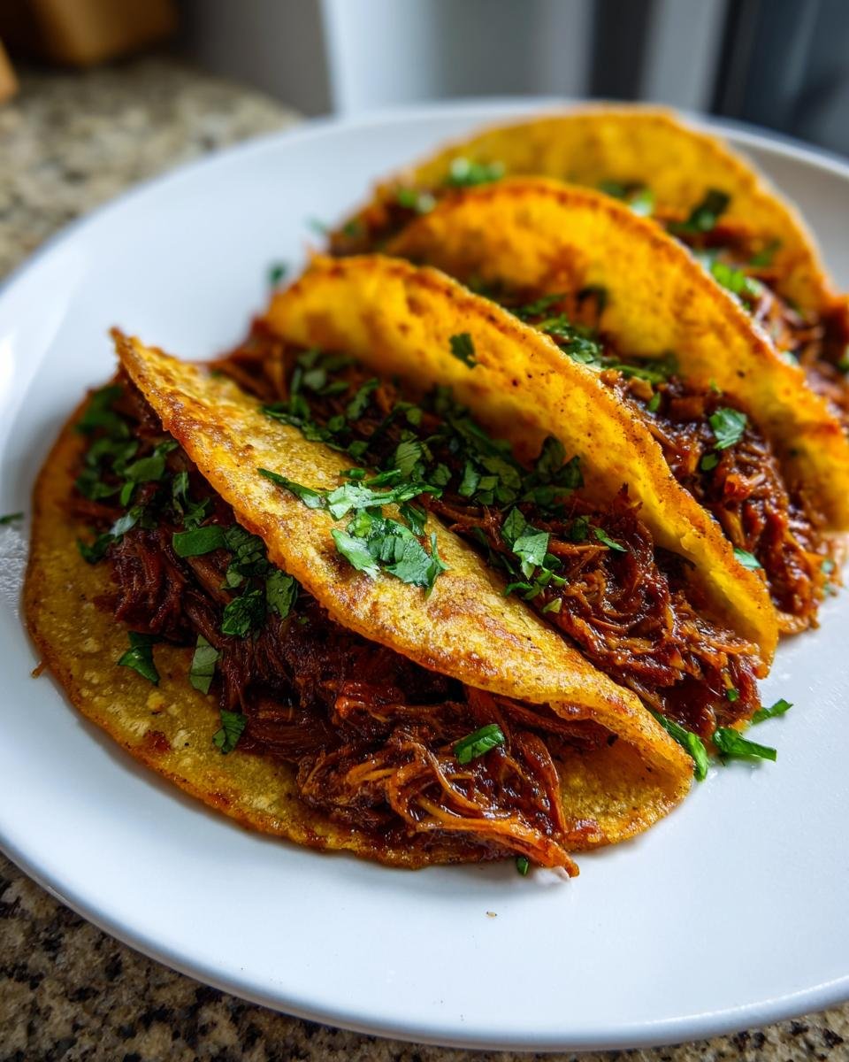 Close-up of four crispy, red-dipped tortillas filled with shredded jackfruit for Meatless Birria Tacos With Jackfruit.