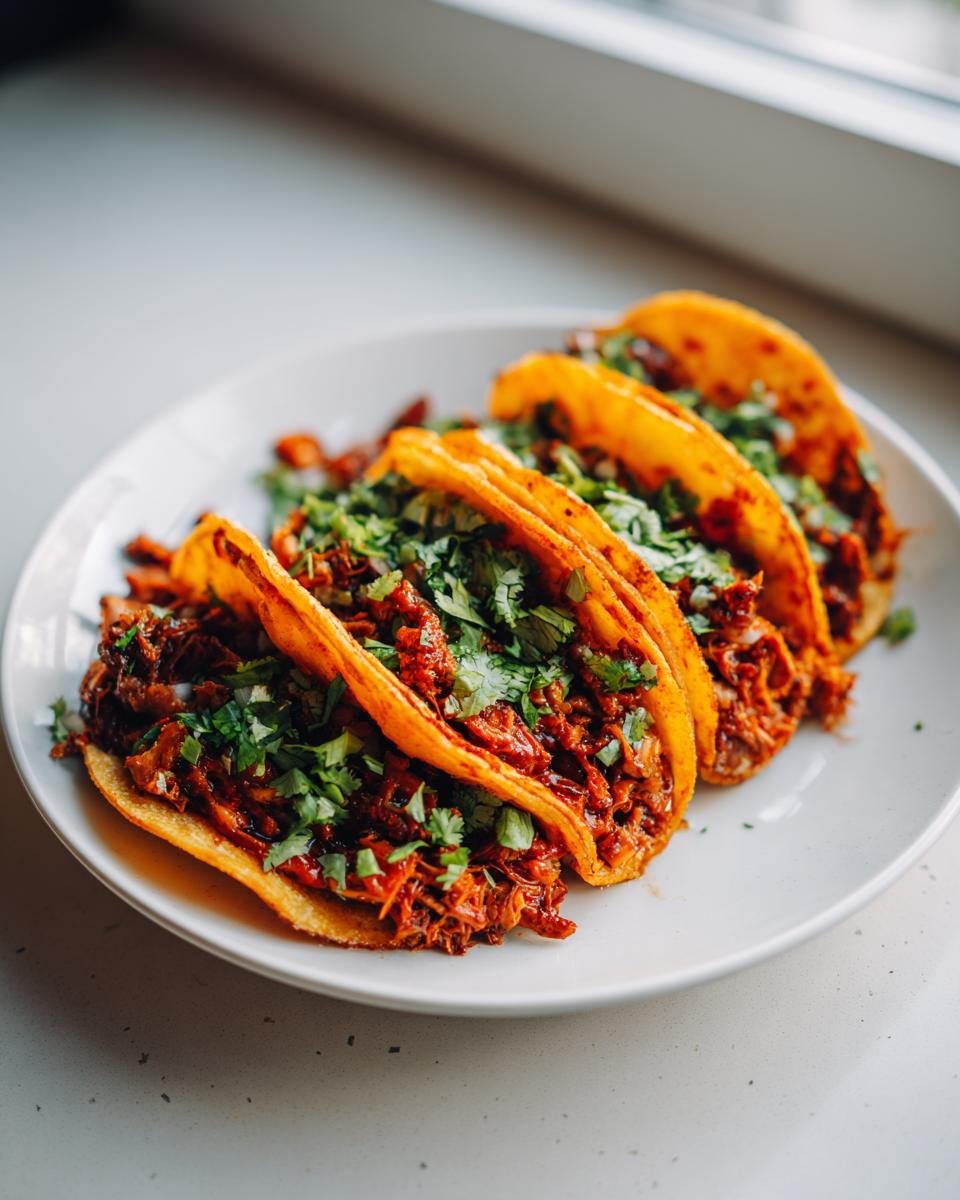 Four crispy, red-orange dipped tortillas filled with shredded jackfruit filling, topped generously with fresh cilantro, ready to eat as Meatless Birria Tacos.