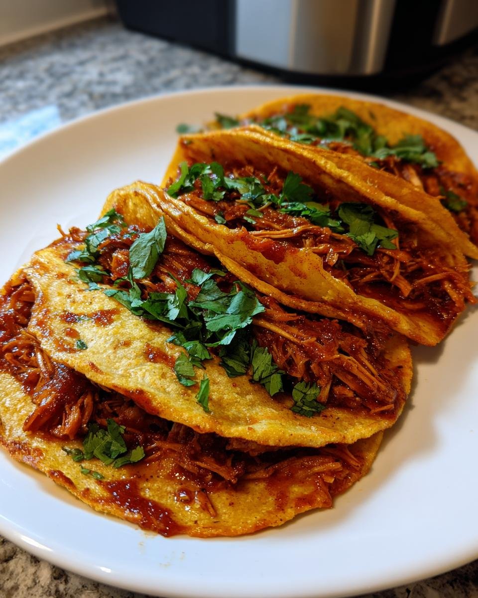 Three golden, saucy Meatless Birria Tacos With Jackfruit, garnished with fresh cilantro, served on a white plate.