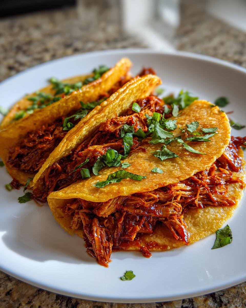 Close-up of three crispy, red-sauced Meatless Birria Tacos With Jackfruit, garnished with fresh cilantro.
