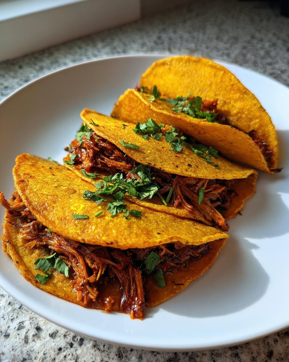 Three golden, crispy tacos filled with shredded jackfruit birria filling and topped with fresh cilantro.