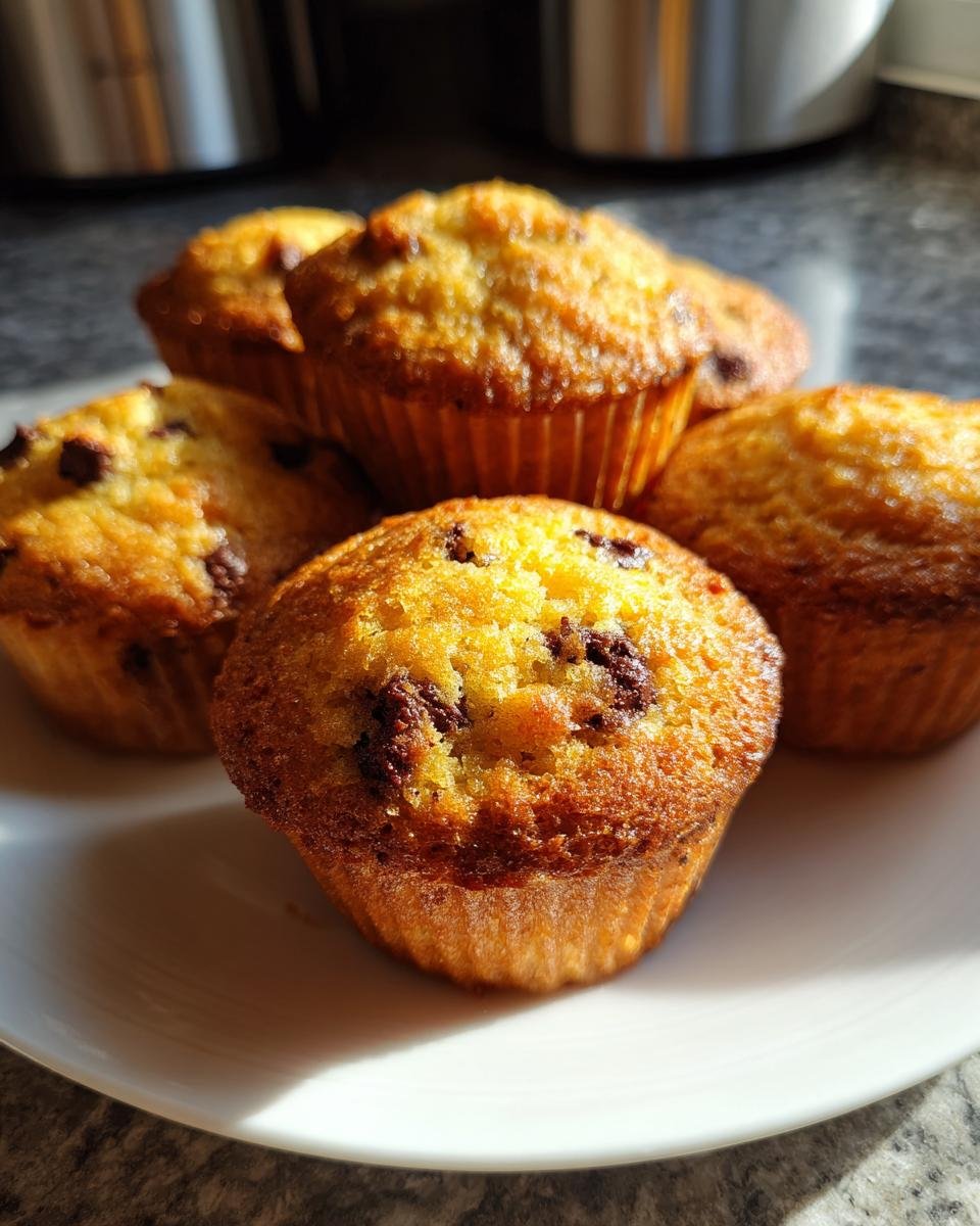 A close-up of several golden brown Mini Chocolate Chip Muffins piled on a white plate, catching bright sunlight.