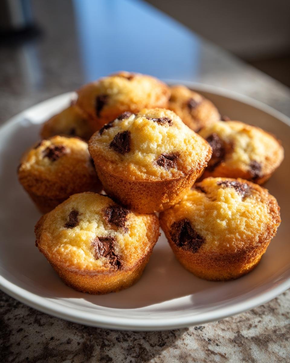 A stack of freshly baked Mini Chocolate Chip Muffins with golden tops and visible chocolate chunks, served on a white plate.