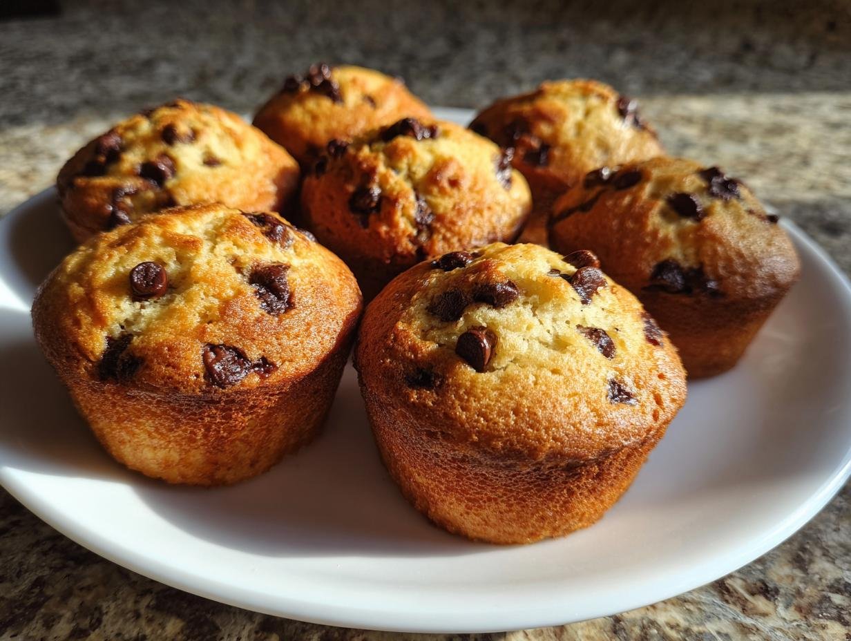 Close-up of several golden brown Mini Chocolate Chip Muffins studded with dark chocolate chips, served on a white plate.