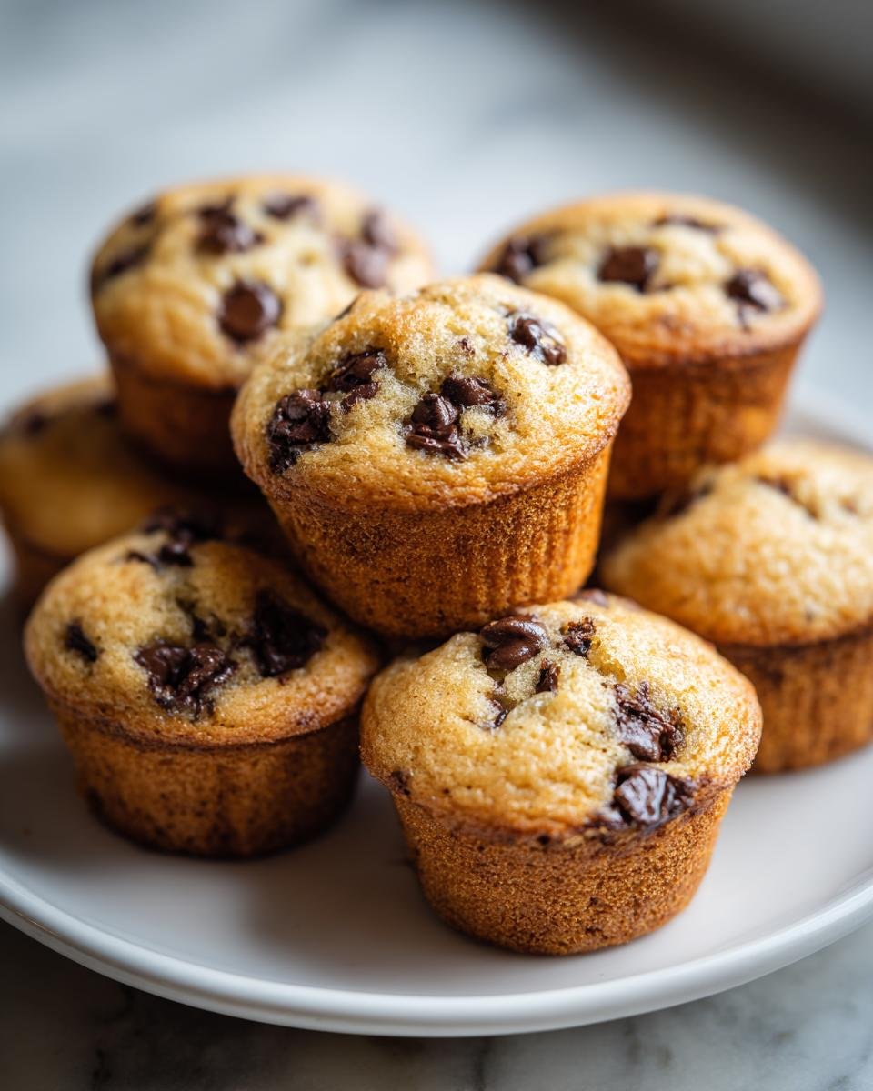 A close-up stack of freshly baked Mini Chocolate Chip Muffins on a white plate.