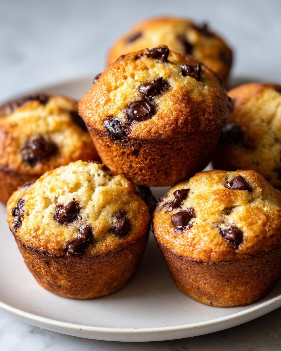 Close-up of several golden-brown Mini Chocolate Chip Muffins piled on a light gray plate.