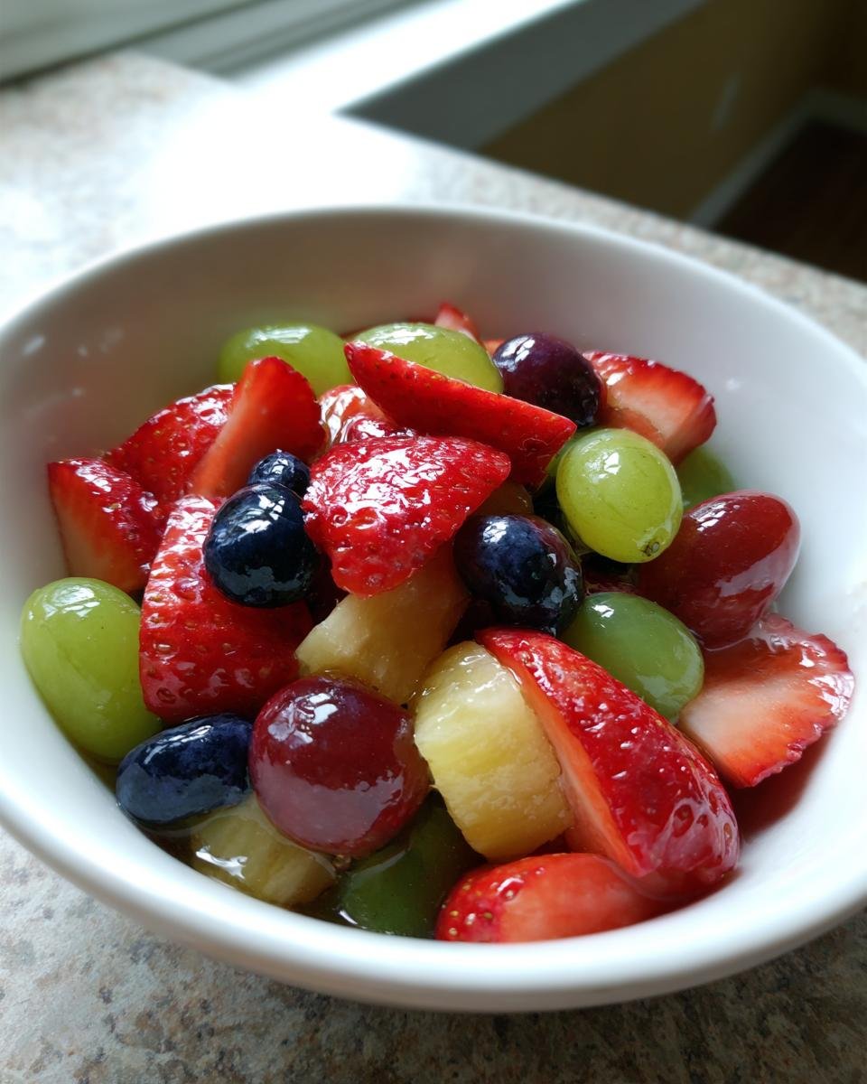 Close-up of a white bowl filled with glistening Moscato Fruit Salad featuring strawberries, blueberries, and grapes.