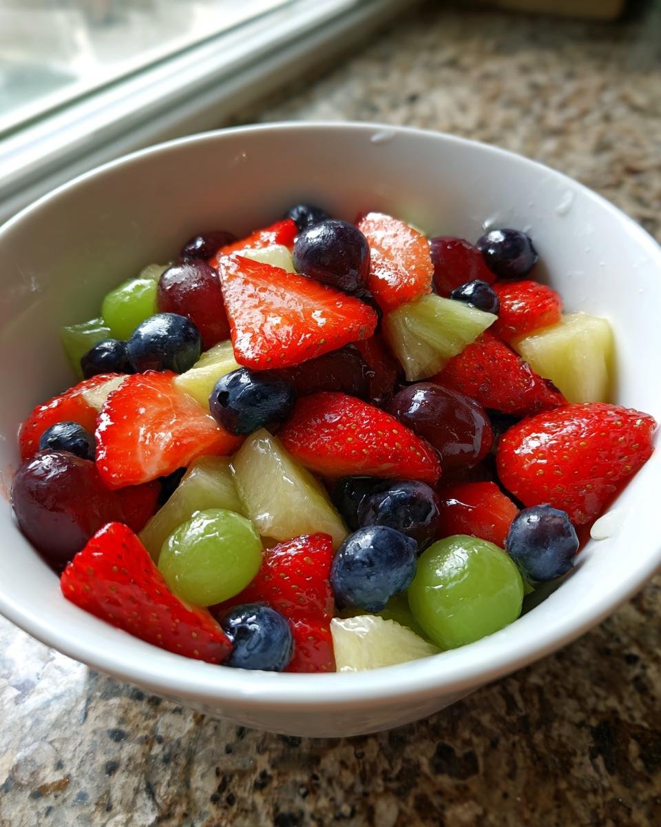 Close-up of a vibrant Moscato Fruit Salad featuring strawberries, blueberries, grapes, and pineapple chunks in a white bowl.