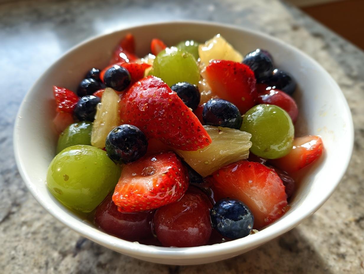 A close-up of a vibrant Moscato Fruit Salad featuring strawberries, blueberries, green grapes, and pineapple chunks in a white bowl.