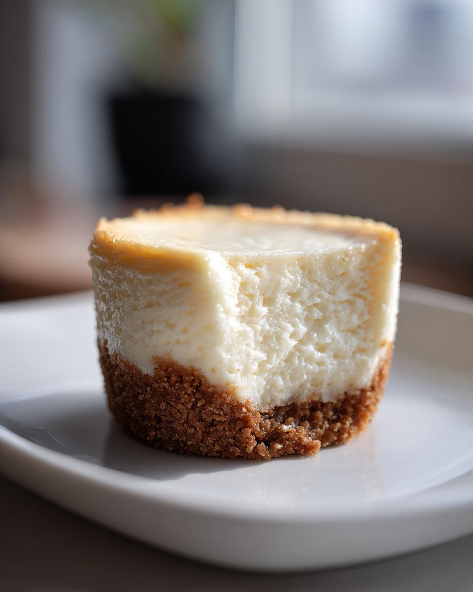 Close-up of a single, creamy New York Style Cheesecake Bite with a thick graham cracker crust.