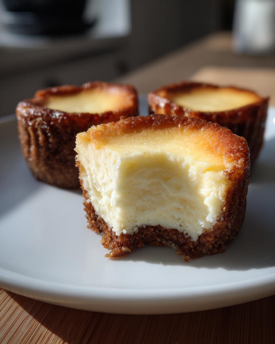 Close-up of a New York Style Cheesecake Bites with a bite taken out, showing creamy filling and graham cracker crust.
