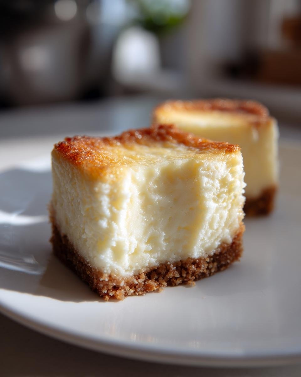 A close-up of two creamy New York Style Cheesecake Bites with graham cracker crust on a white plate.