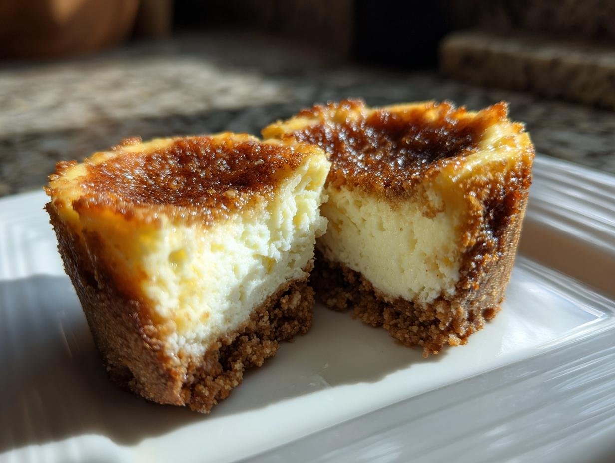 A close-up of one New York Style Cheesecake Bite cut in half, showing the creamy filling and graham cracker crust.