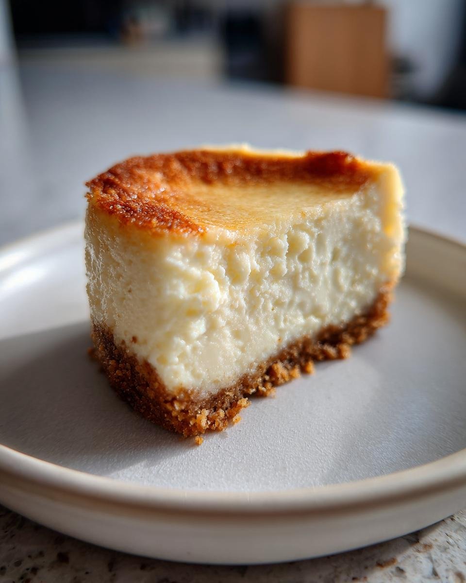 A close-up of a single, rich slice of New York Style Cheesecake Bites with a golden-brown top and thick graham cracker crust.