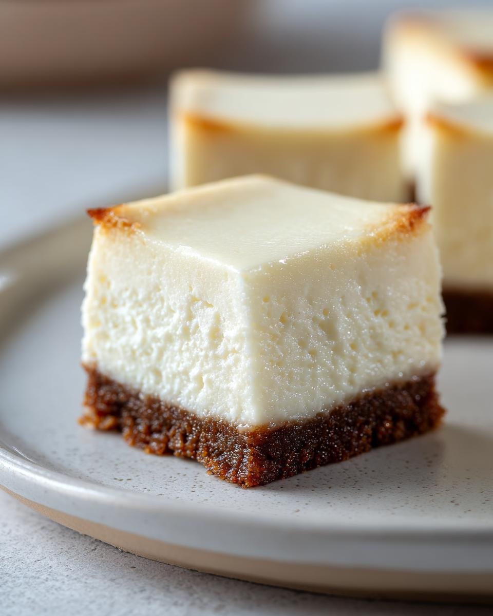 Close-up of a single square New York Style Cheesecake Bites piece showing creamy white filling and dark graham cracker crust.