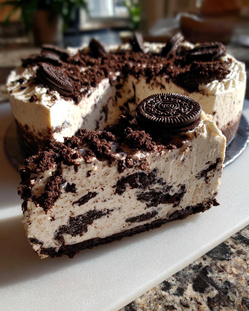 A slice of rich No Bake Cookies And Cream Cheesecake topped with cookie crumbles and a whole cookie.