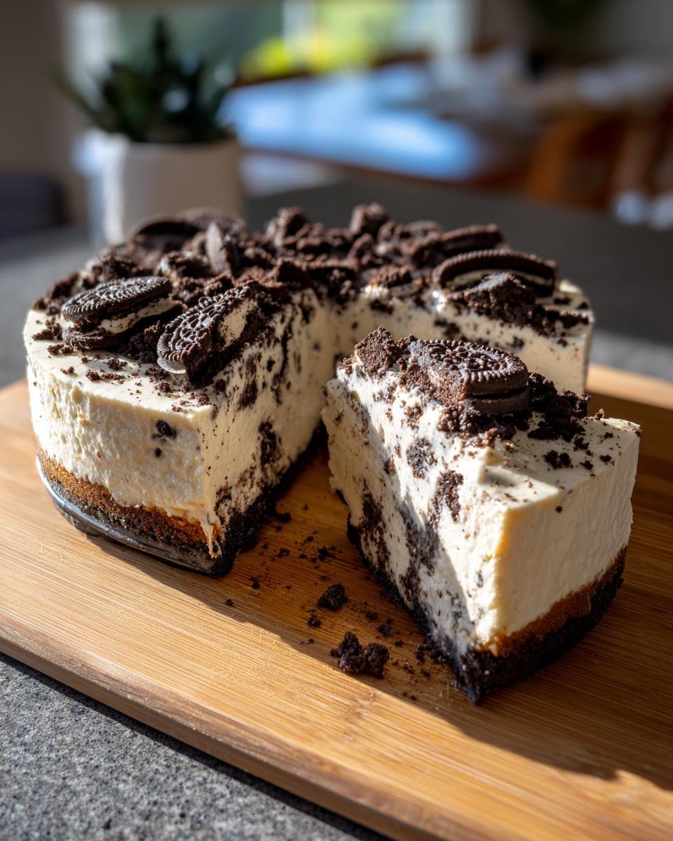 A slice cut from a No Bake Cookies And Cream Cheesecake topped with crushed cookies.