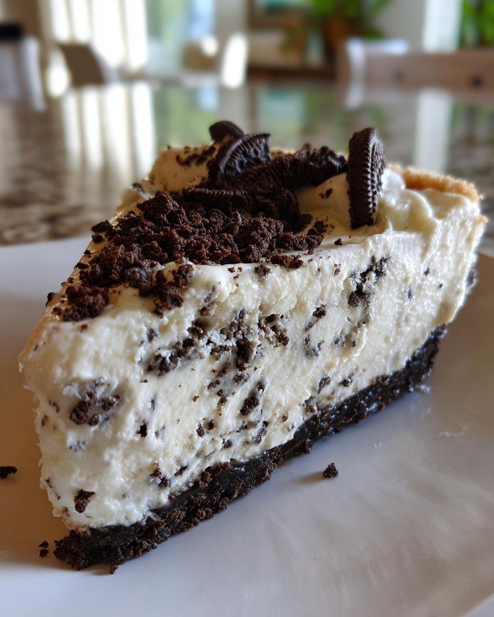 Close-up of a creamy slice of No Bake Cookies And Cream Cheesecake with Oreo crumbs on top.