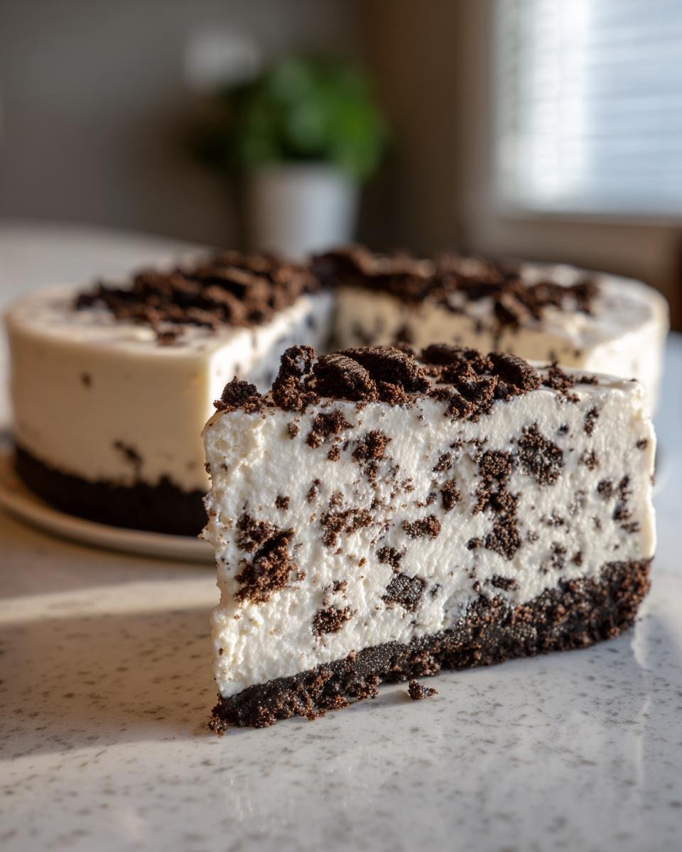 A thick slice of No Bake Cookies And Cream Cheesecake showing the creamy filling with cookie pieces and dark crust.