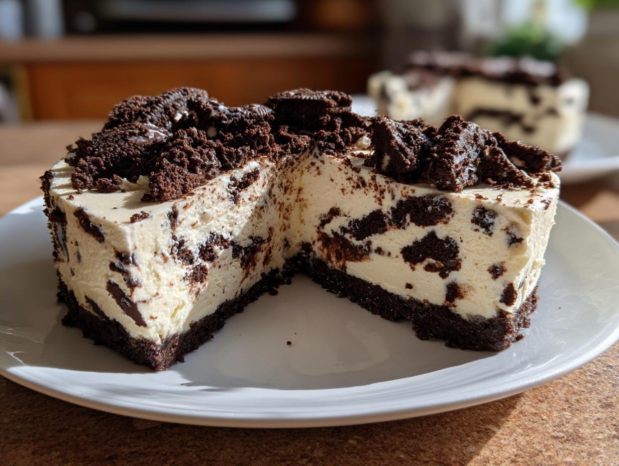A rich slice of No Bake Cookies And Cream Cheesecake with a dark chocolate crust and creamy filling studded with cookie pieces.