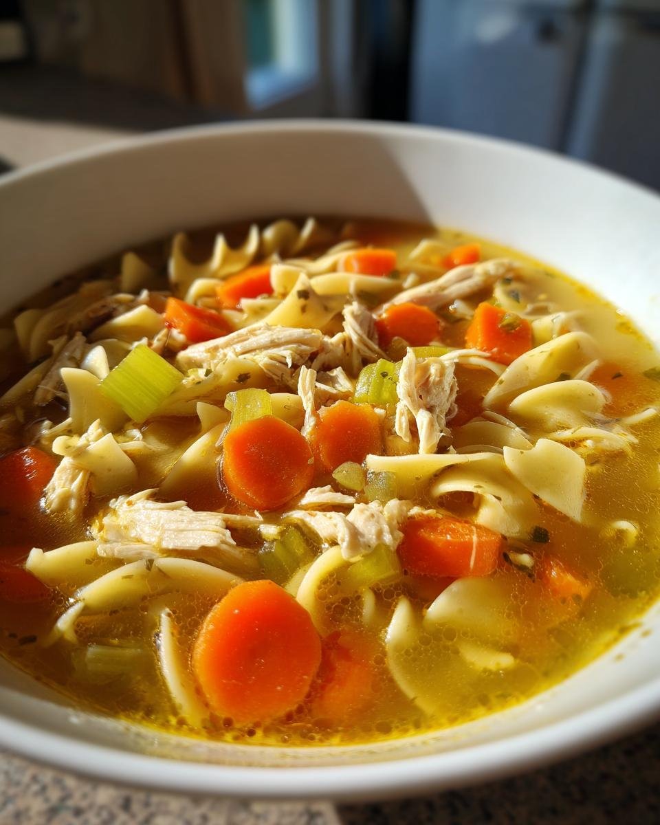 Close-up of a white bowl filled with Nourishing Chicken Noodle Soup featuring shredded chicken, egg noodles, carrots, and celery in broth.
