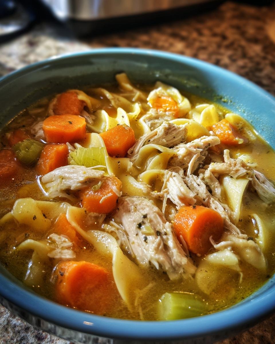 Close-up of a blue bowl filled with Nourishing Chicken Noodle Soup, featuring shredded chicken, egg noodles, and thick-cut carrots.