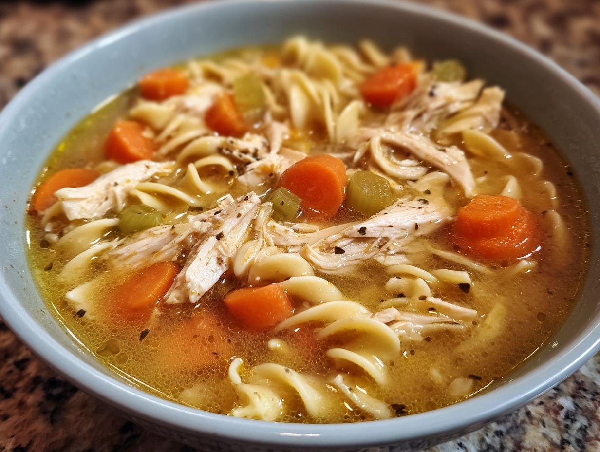 Close-up of a bowl of Nourishing Chicken Noodle Soup featuring shredded chicken, egg noodles, and sliced carrots in broth.