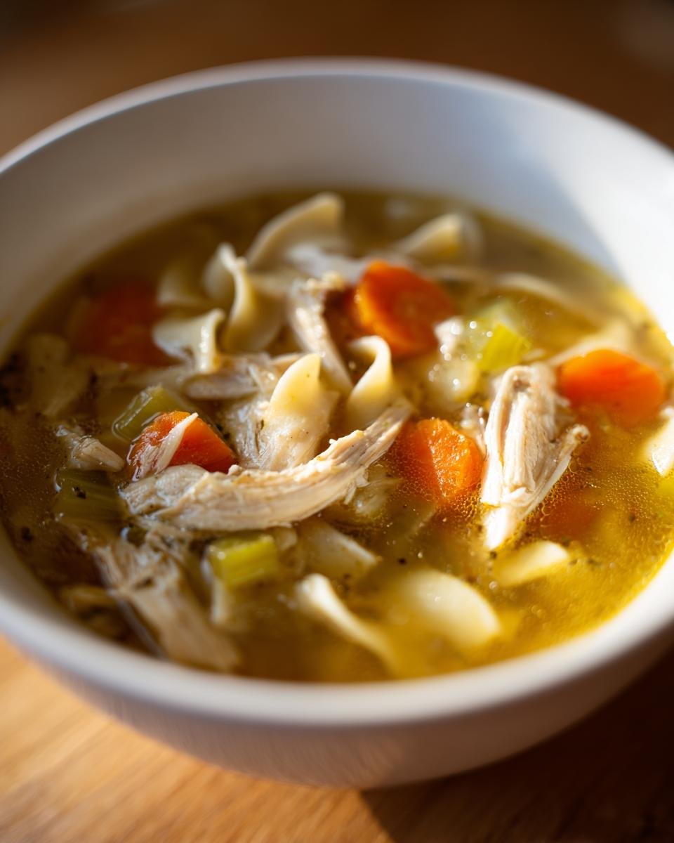 A close-up, steaming bowl of Nourishing Chicken Noodle Soup featuring shredded chicken, egg noodles, carrots, and celery.