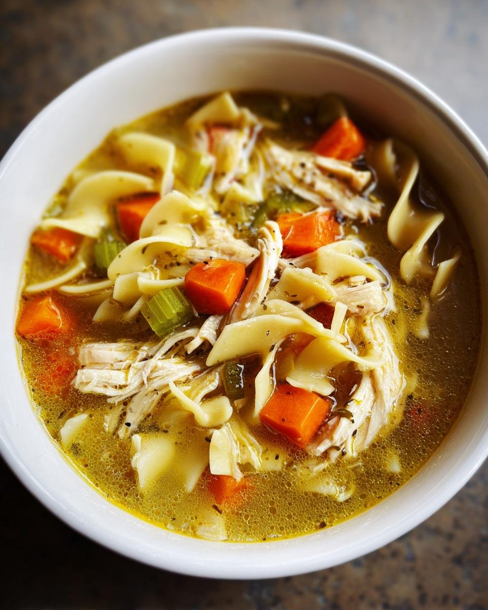 A close-up, overhead view of a steaming bowl of Nourishing Chicken Noodle Soup featuring shredded chicken, egg noodles, and diced carrots.