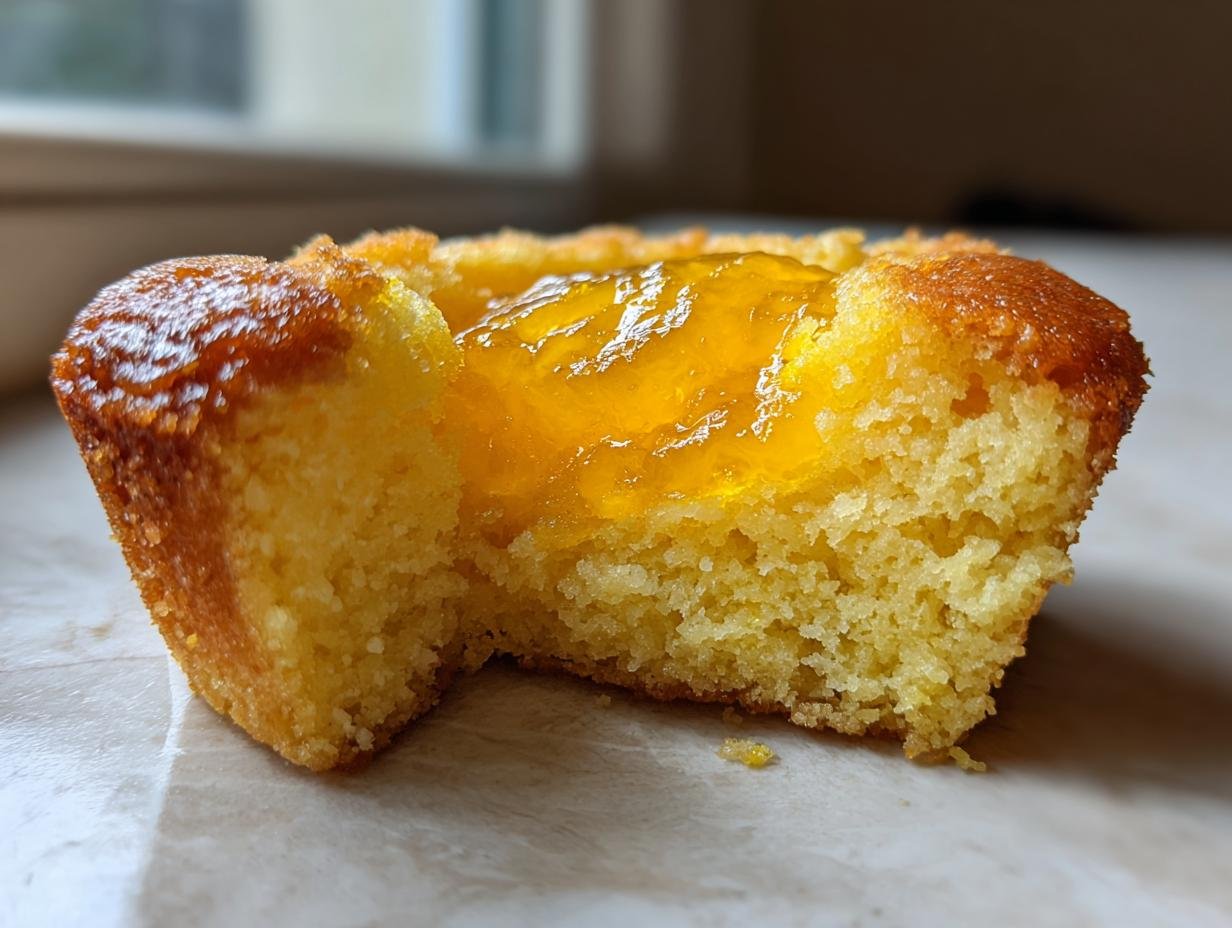 A close-up, cross-section view of an Irresistible One Pan Taiwanese Pineapple Cake showing the crumb texture and bright yellow pineapple jam filling.