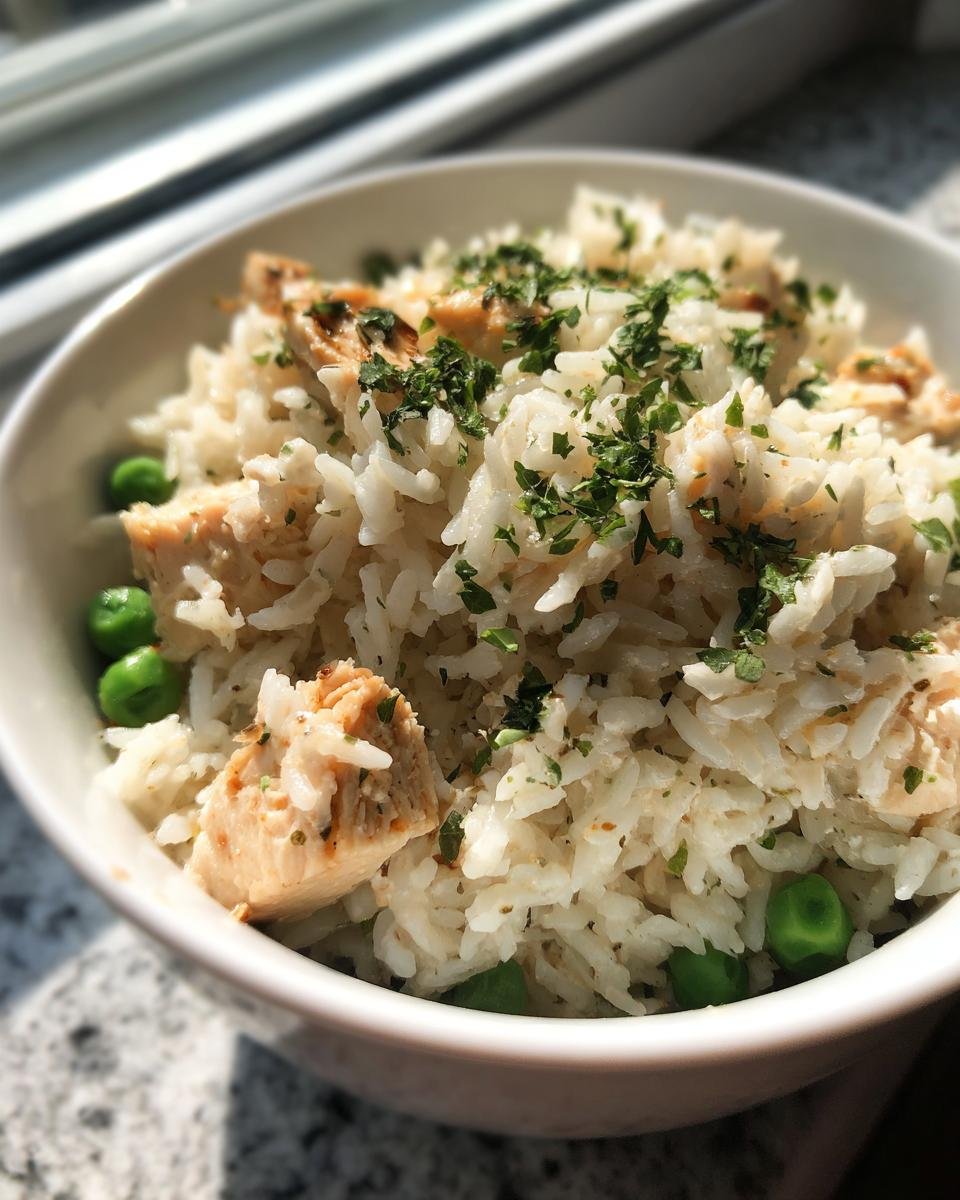 Close-up of a white bowl filled with One Pot Ranch Chicken Rice, featuring white rice, chunks of chicken, green peas, and fresh parsley.