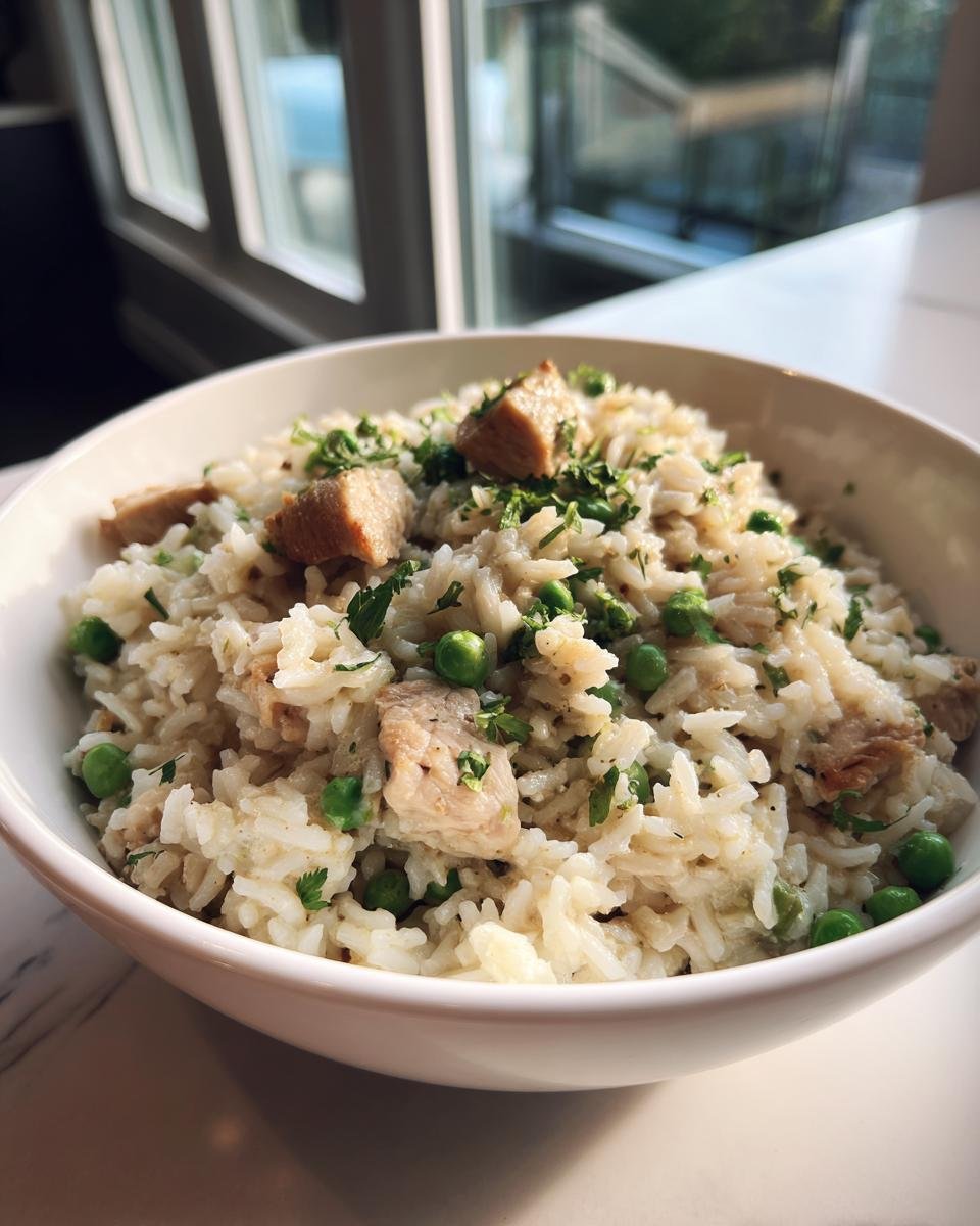 A close-up of One Pot Ranch Chicken Rice mixed with green peas and topped with fresh parsley in a white bowl.