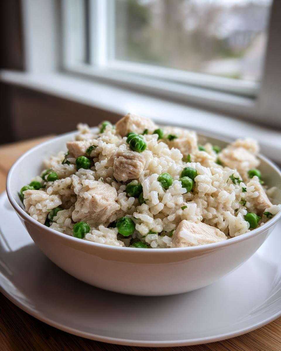 A white bowl filled with One Pot Ranch Chicken Rice mixed with bright green peas and chunks of cooked chicken.