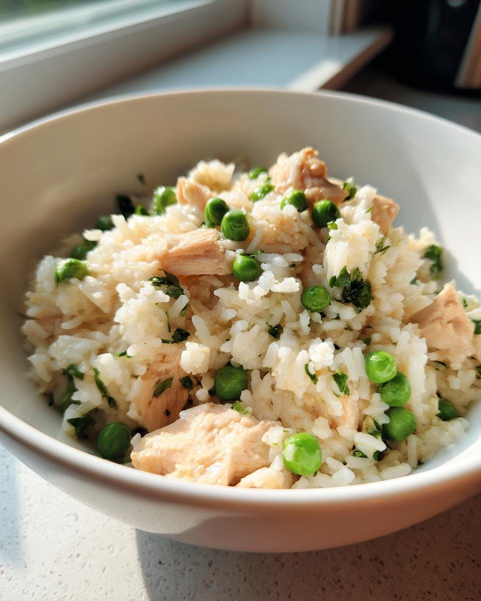 Close-up of One Pot Ranch Chicken Rice mixed with bright green peas and chunks of chicken in a white bowl.
