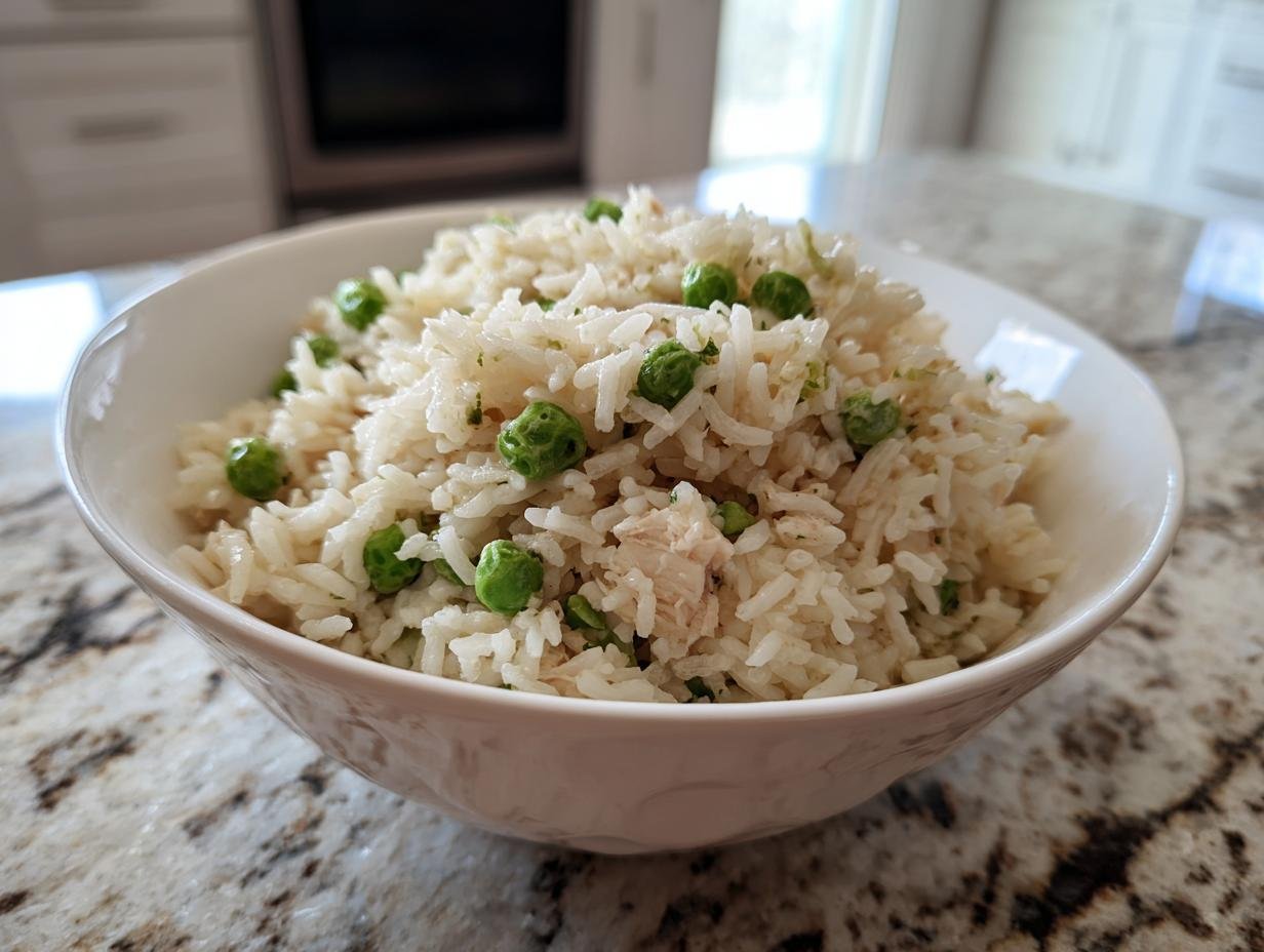 A white bowl filled with fluffy One Pot Ranch Chicken Rice mixed with bright green peas, resting on a granite countertop.