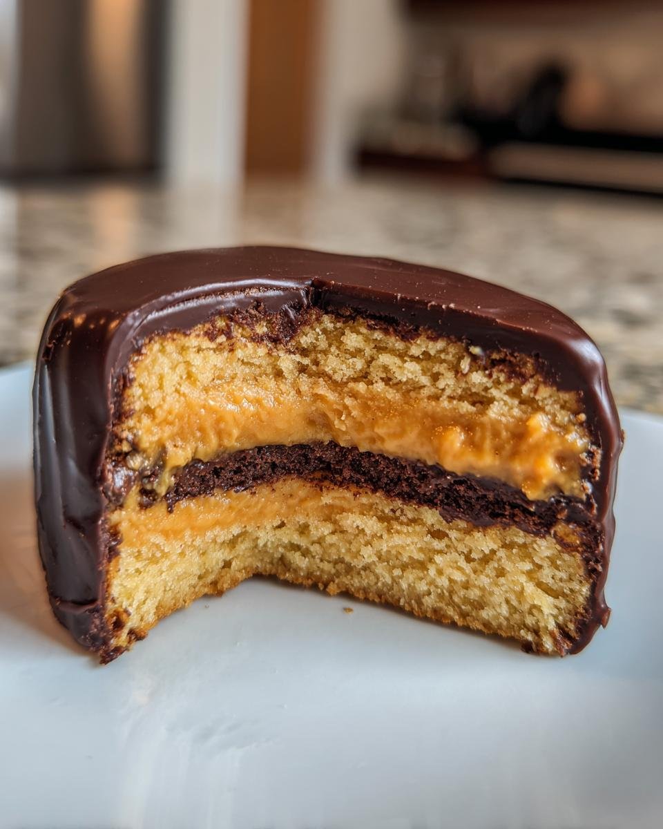 A cross-section of a homemade Orange Buttercream Filled Jaffa Cake showing layers of sponge, orange filling, chocolate, and dark chocolate coating.