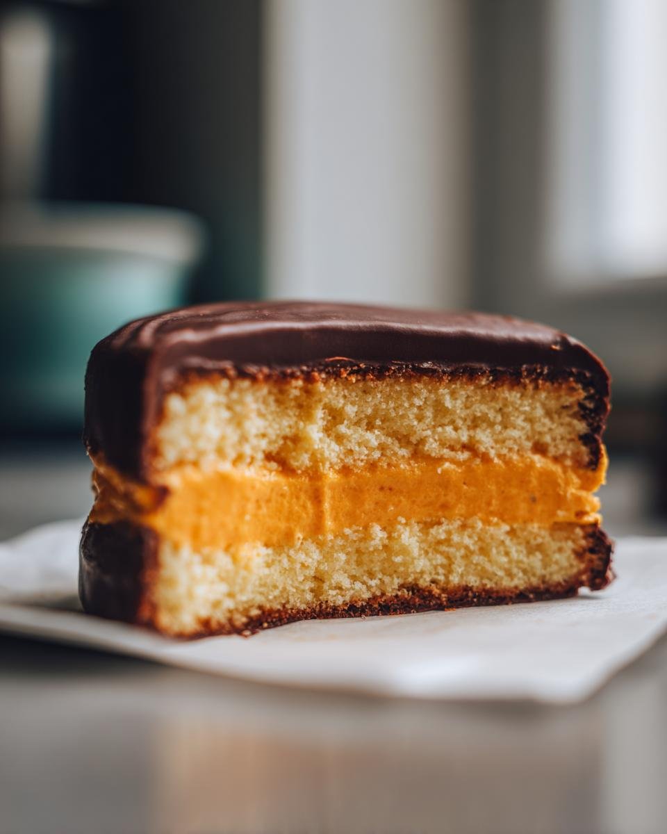 A close-up cross-section of a homemade Orange Buttercream Filled Jaffa Cake showing layers of sponge, bright orange filling, and chocolate coating.