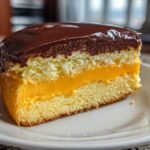 Close-up of a slice of cake featuring layers of sponge, bright orange buttercream, and a dark chocolate glaze on top.