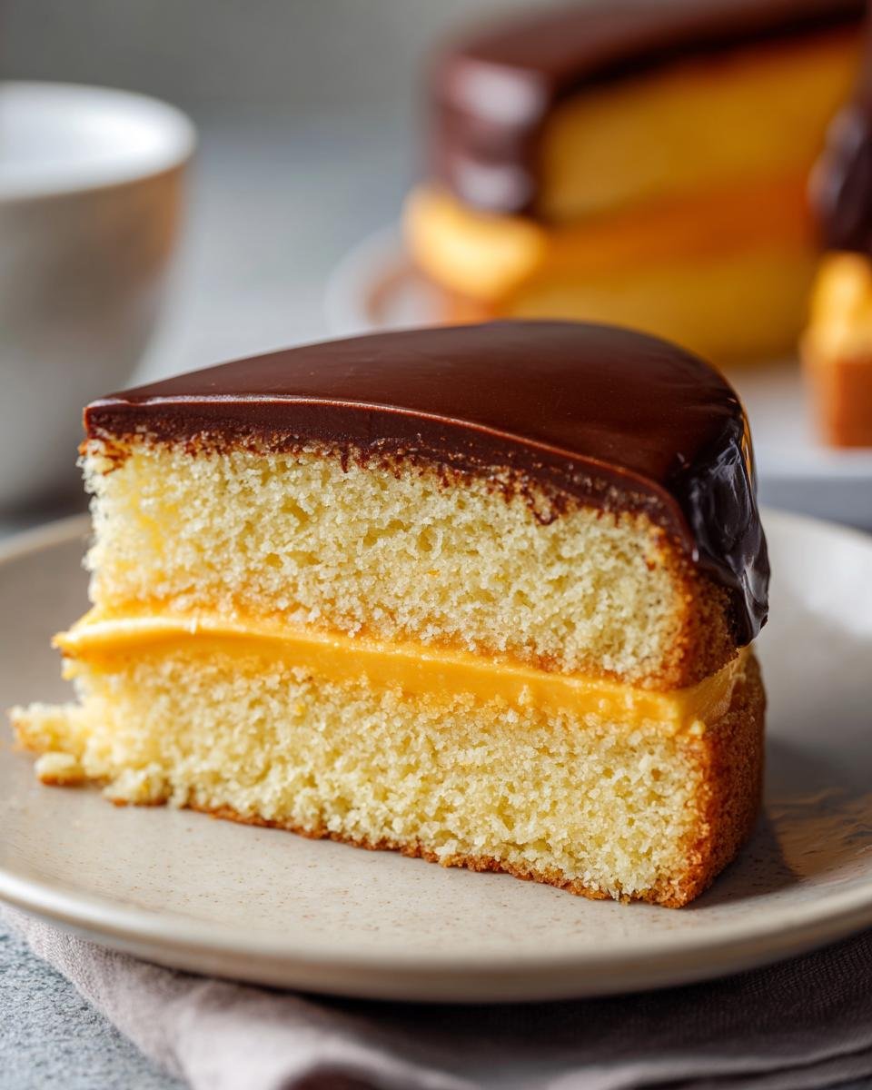 Close-up of a slice of cake featuring sponge layers, bright orange filling, and a dark chocolate glaze, representing Orange Buttercream Filled Jaffa Cakes.