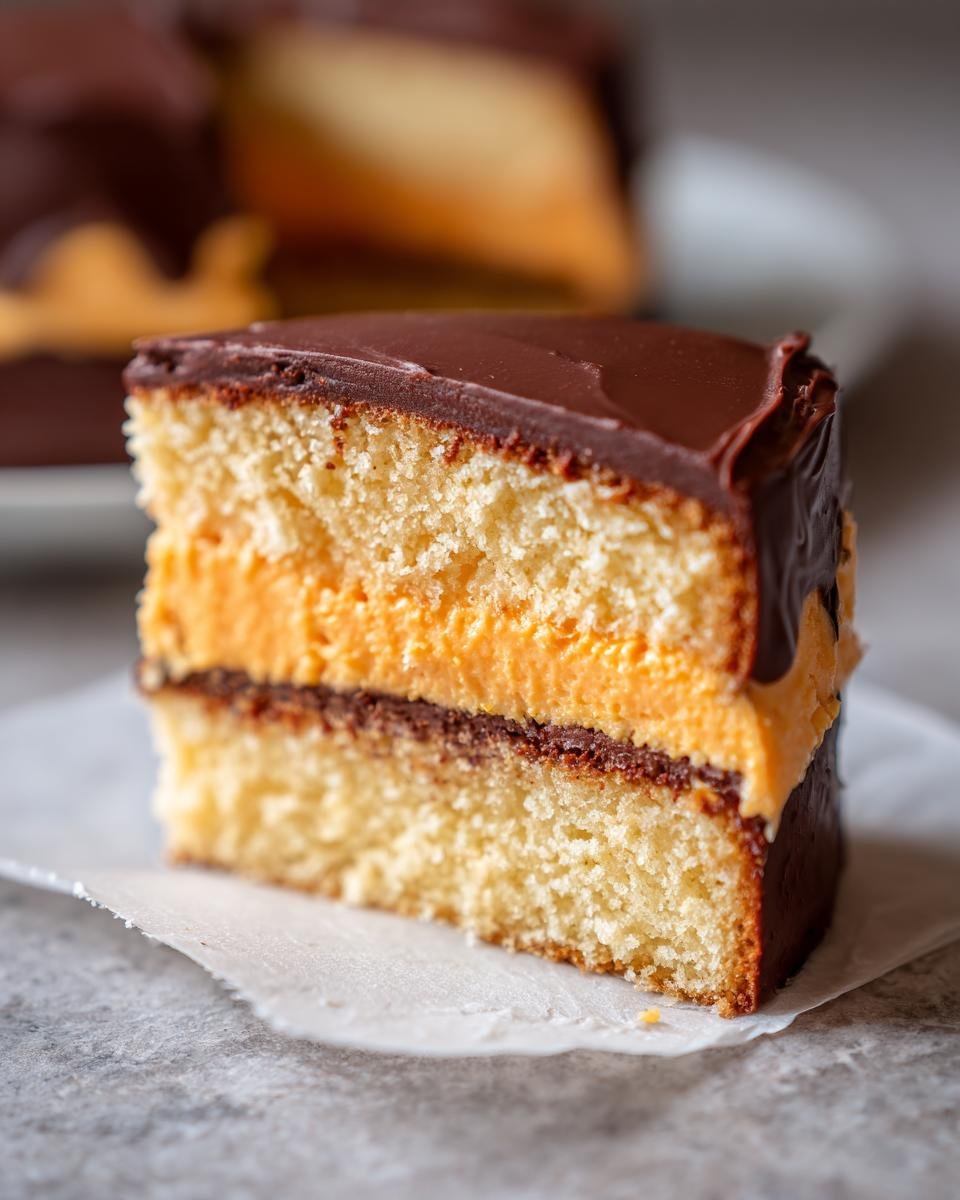 Close-up of a layered slice of Orange Buttercream Filled Jaffa Cakes with sponge, orange filling, and chocolate ganache.