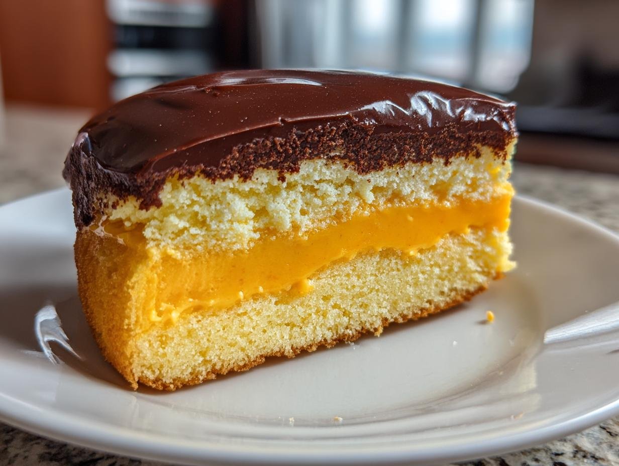 Close-up of a slice of cake featuring layers of sponge, bright orange buttercream, and a dark chocolate glaze on top.