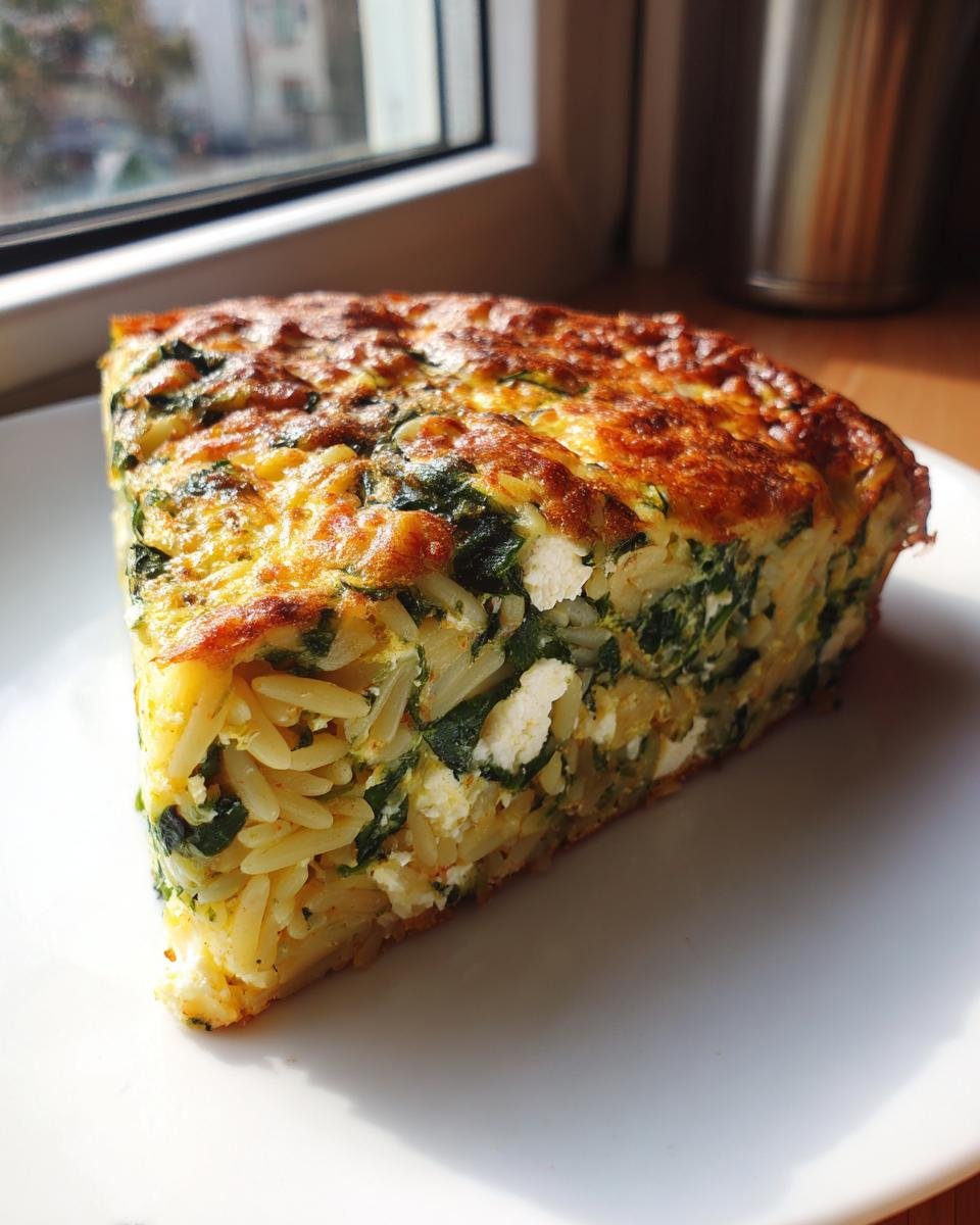 A thick slice of Orzo Frittata With Spinach And Feta showing a golden-brown top and visible orzo pasta, spinach, and feta cheese.