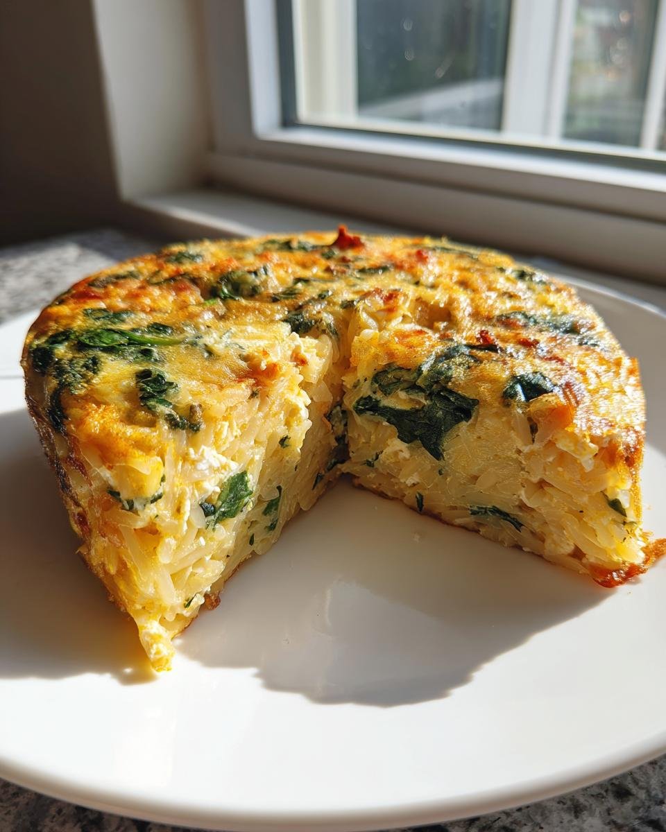 A thick slice cut from a baked Orzo Frittata With Spinach And Feta, showing pasta texture and green spinach.