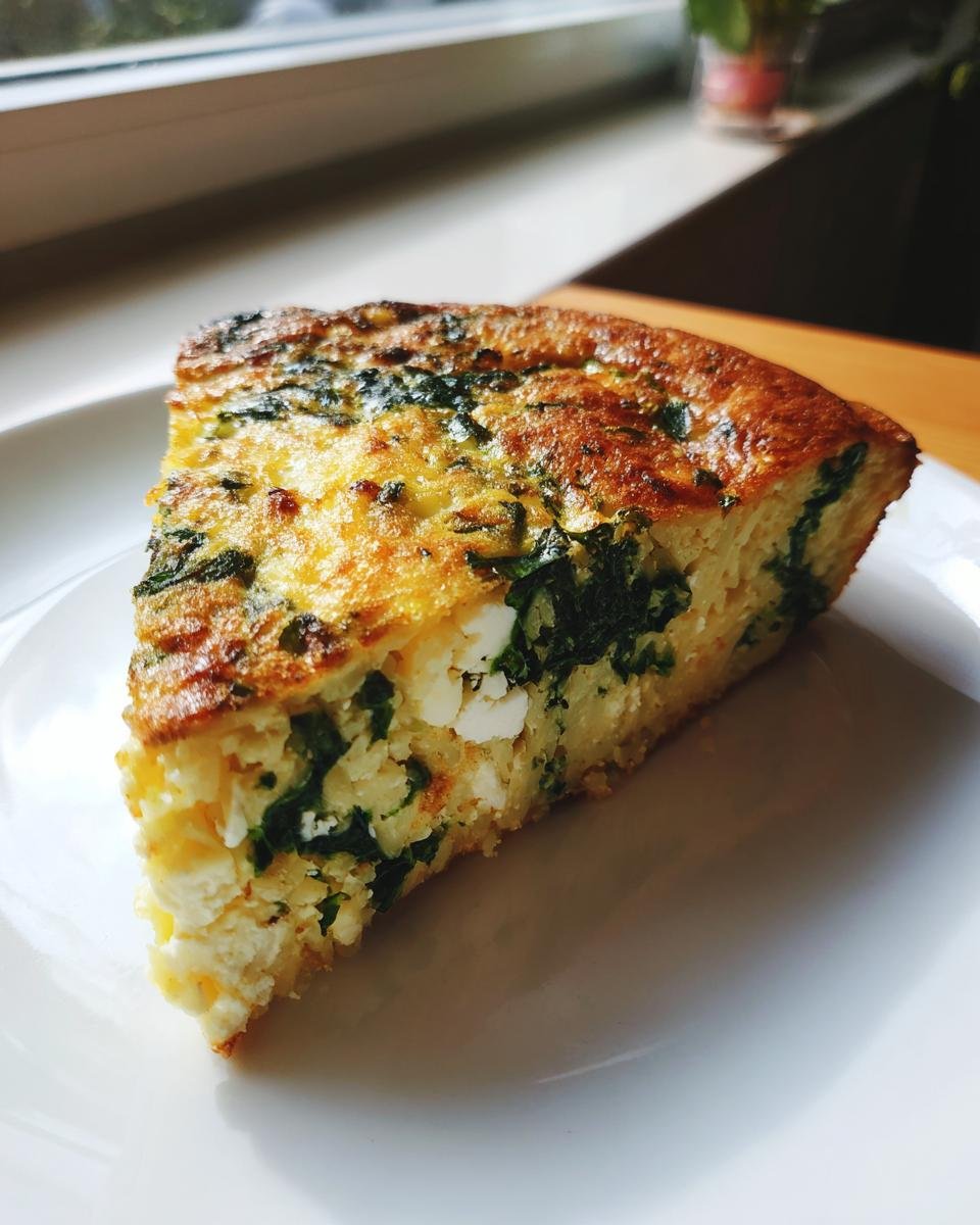 A golden-brown slice of Orzo Frittata With Spinach And Feta showing visible orzo pasta, spinach, and chunks of feta cheese.