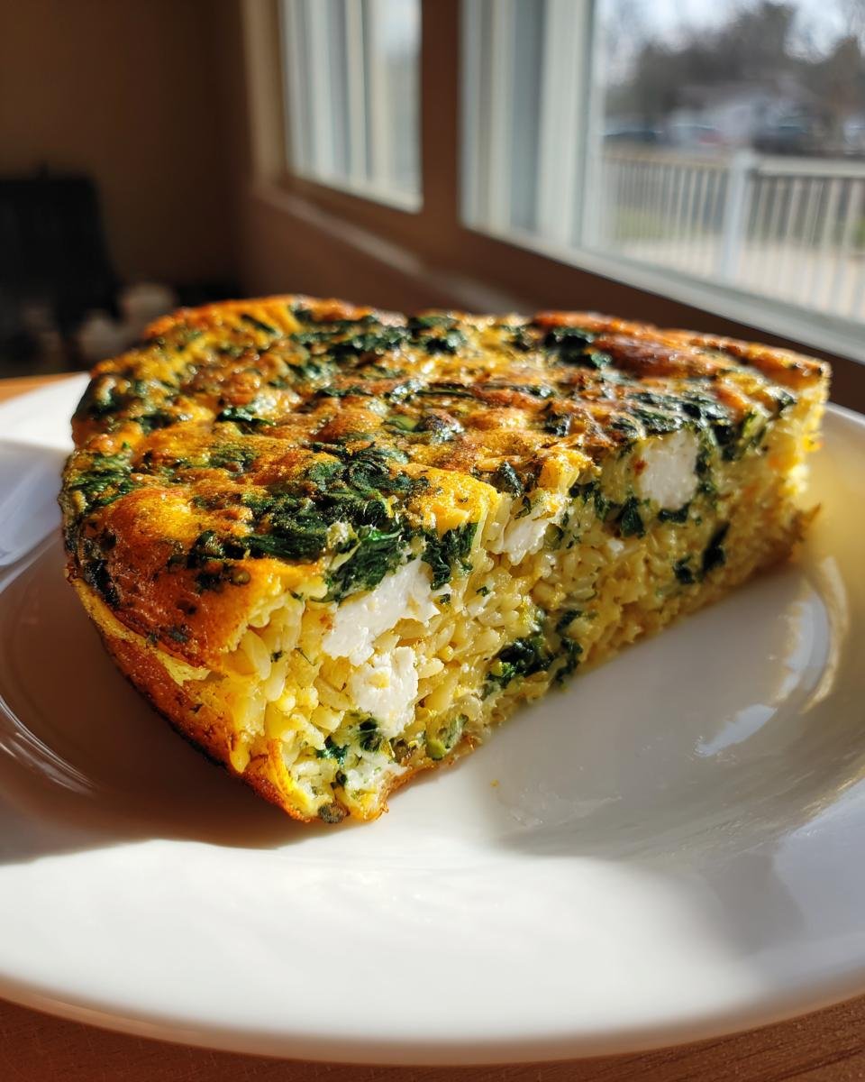 A close-up slice of Orzo Frittata With Spinach And Feta showing eggs, orzo pasta, green spinach, and white feta cheese.